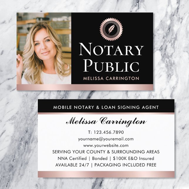 Elegant Notary Public Photo Rose Gold Black Business Card (Creator Uploaded)