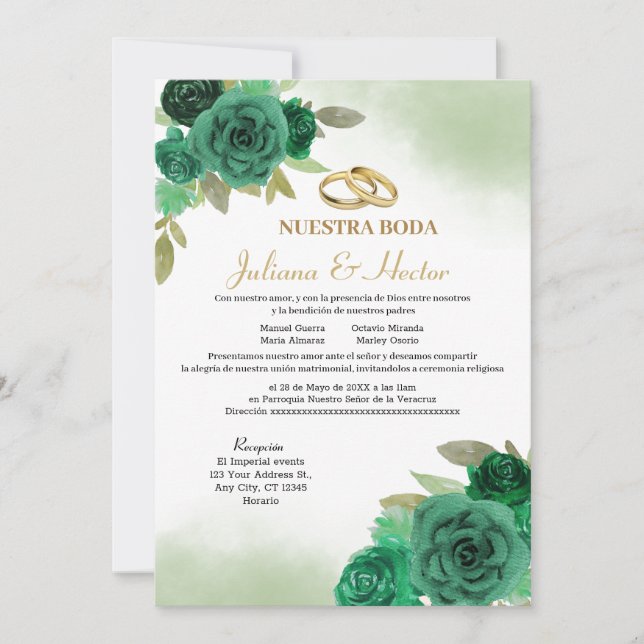 Elegant Nuestra Boda Emerald Green Invitation (Front)