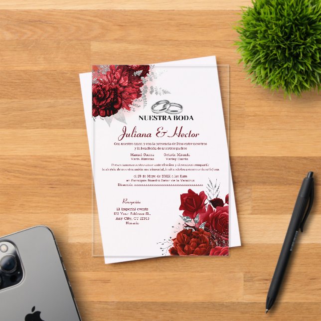 Elegant Nuestra Boda Red Floral Wedding Acrylic Invitations (Insitu (Invitation Card))