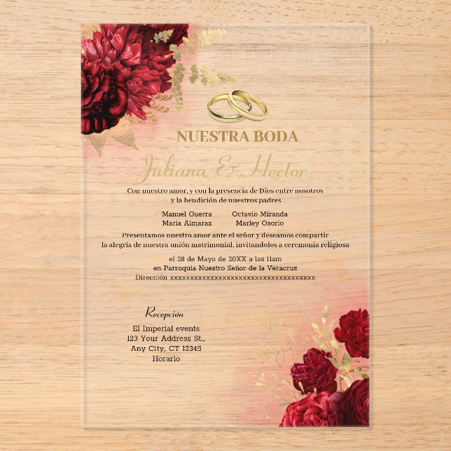 Elegant Nuestra Boda Red Floral Wedding Invitation (Front)
