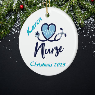Elegant Nurse Blue Heart Personalise Ceramic Tree Decoration