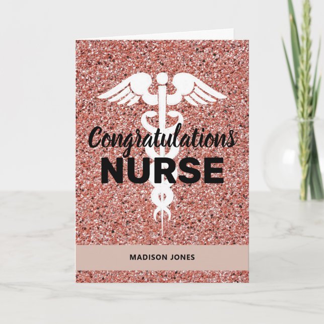 Elegant Nurse Graduation Pink Glitter Personalised Card (Front)