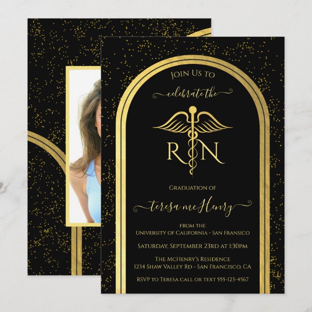 Elegant Nurse Medical Graduation Party Gold Black Invitation (Front/Back)