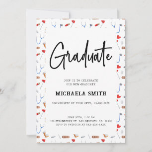 Elegant Nurse Medical Pattern Graduation Photo Invitation
