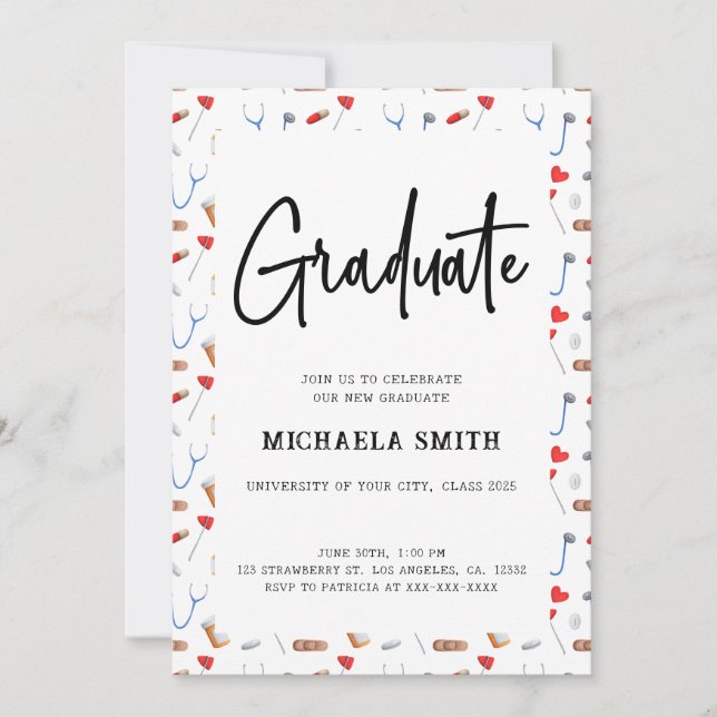 Elegant Nurse Medical Pattern Graduation Photo Invitation (Front)