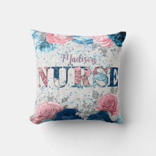 Elegant Nurse Pink Blue Silver Personalised Floral Cushion