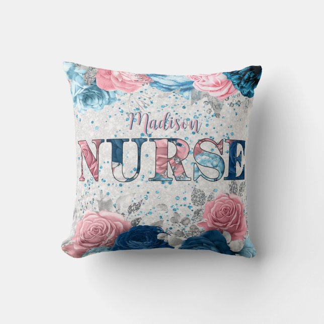 Elegant Nurse Pink Blue Silver Personalised Floral Cushion (Front)