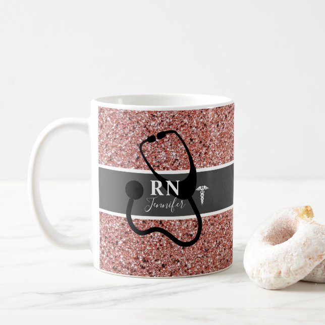 Elegant Nurse RN Rose Gold Glitter Personalised Coffee Mug (With Donut)
