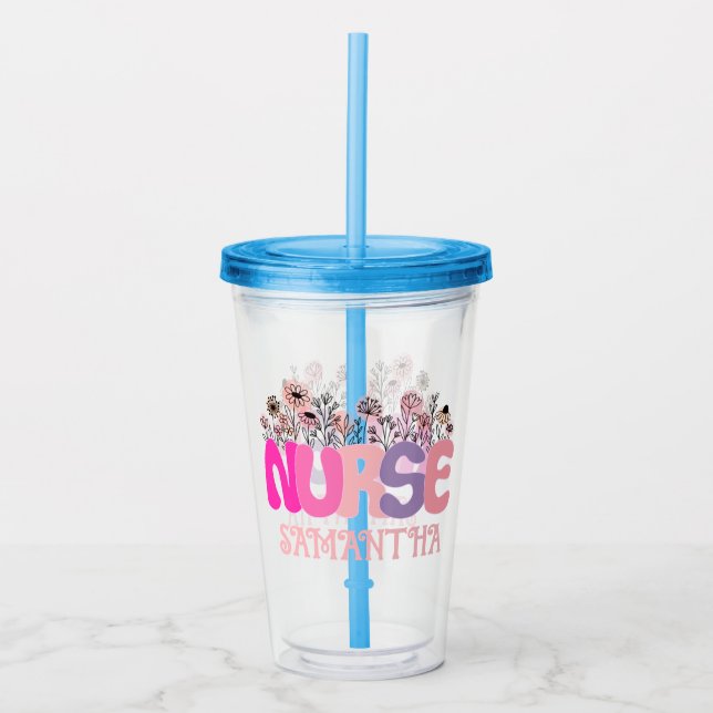Elegant "Nurse" Typography with Vibrant Floral Acrylic Tumbler (Front)