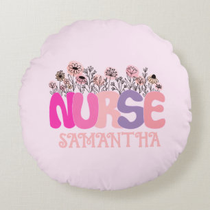 Elegant "Nurse" Typography with Vibrant Floral Round Cushion
