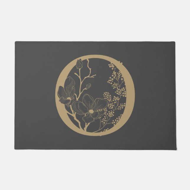 Elegant O Boho Floral Monogram Initial Grey Gold Doormat (Front)