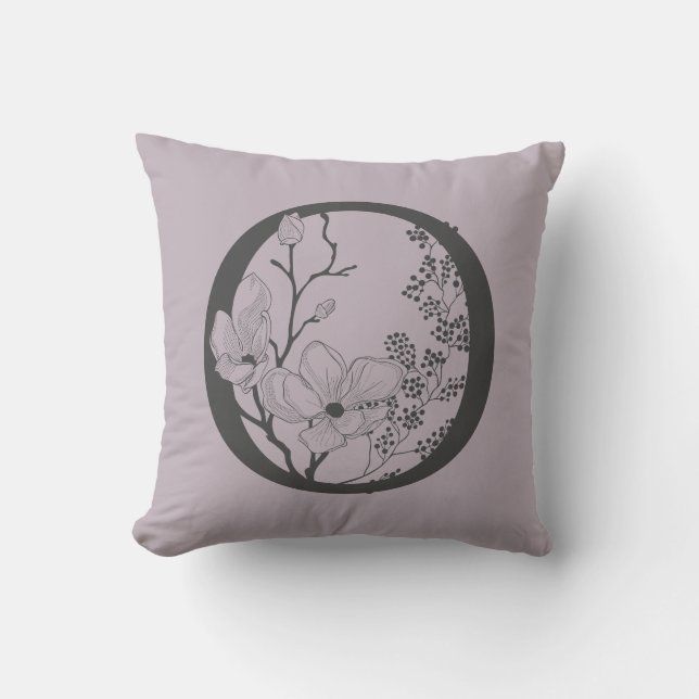 Elegant O Boho Floral Monogram Initial Lilac Grey Cushion (Front)