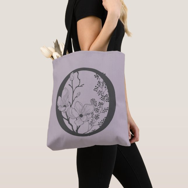 Elegant O Boho Floral Monogram Initial Lilac Grey Tote Bag (Close Up)