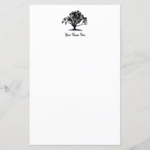 Elegant Oak Tree Ink Drawing Monogram Stationery