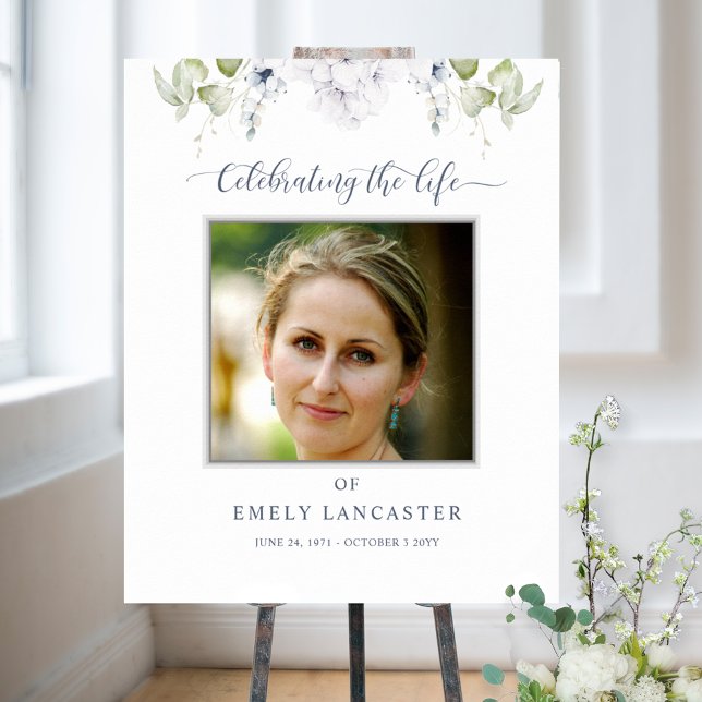 Elegant Obituary Welcome Photo White Floral Sign (Creator Uploaded)