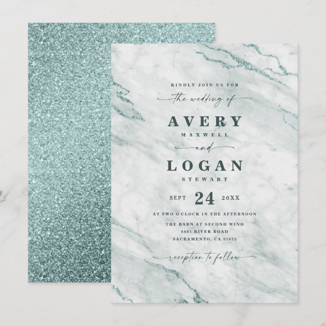 Elegant Ocean Aqua Marble & Glitter Wedding Invitation (Front/Back)