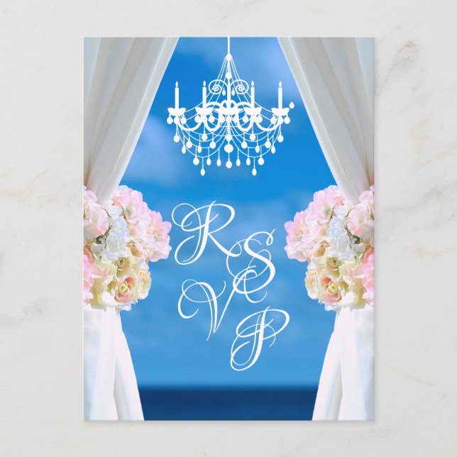 Elegant Ocean Beach Chandelier Summer Wedding RSVP Announcement Postcard (Front)