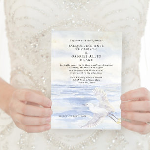 Elegant Ocean Beach Coastal Crane Blue and White Invitation