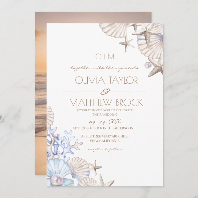 Elegant Ocean Beach Photo Wedding Invitation (Front/Back)