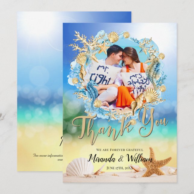 Elegant Ocean Beach Starfish Shell Thank You Card (Front/Back)