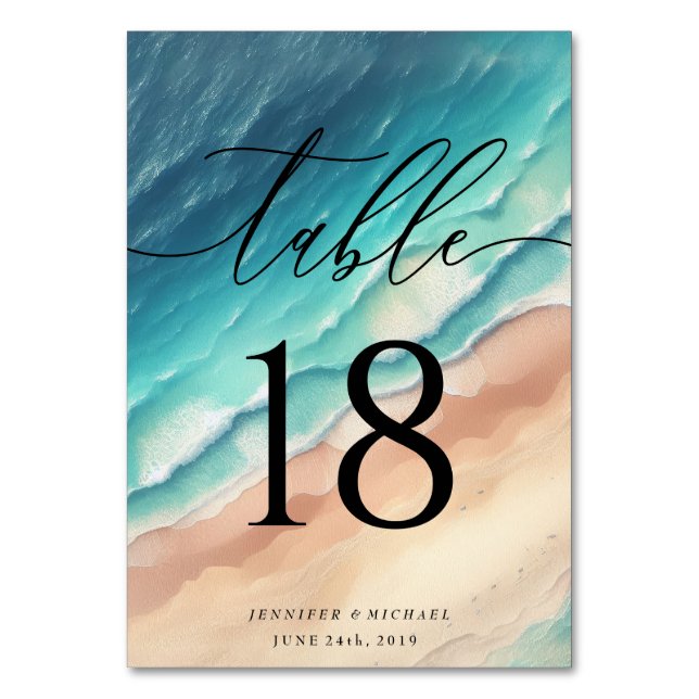Elegant Ocean Beach Summer Watercolor Wedding Table Number (Front)