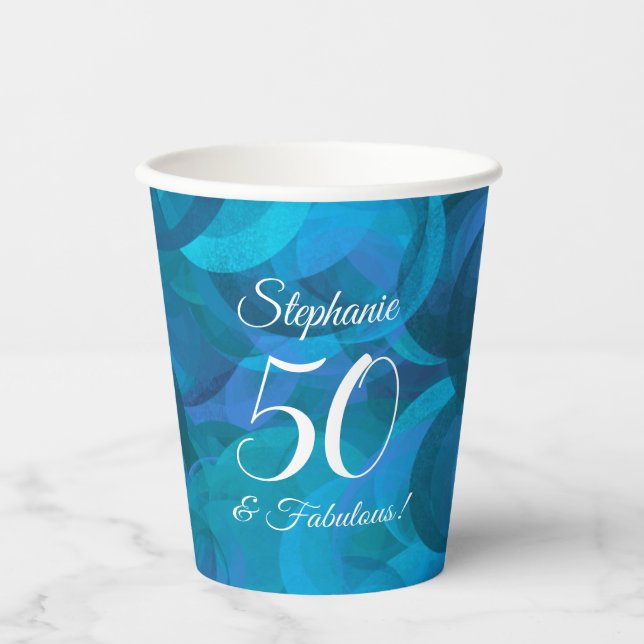 Elegant Ocean Blue 50 and Fabulous Birthday Party Paper Cups (Front)