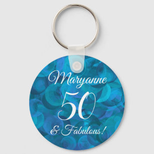 Elegant Ocean Blue 50 & Fabulous Birthday Party Key Ring