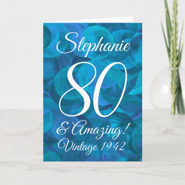 Elegant Ocean Blue 80 and Amazing Birthday Card (Front)