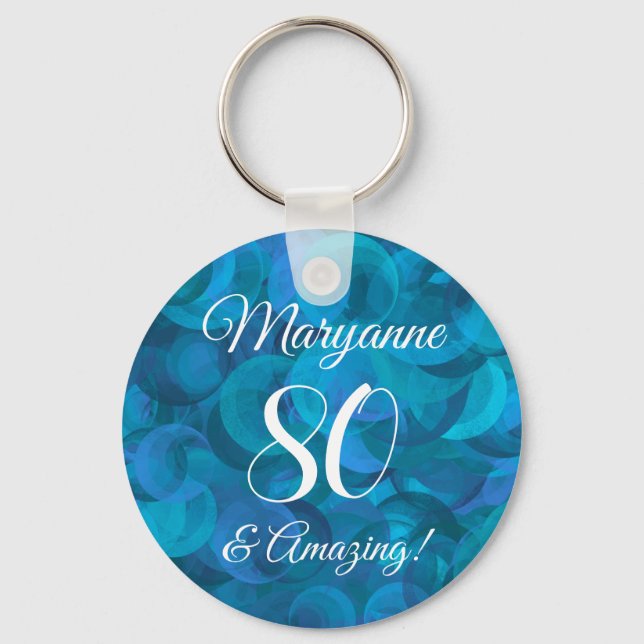 Elegant Ocean Blue 80 and Amazing Birthday Party Key Ring (Front)