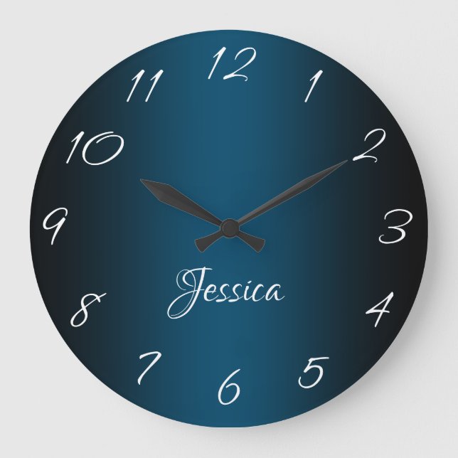 Elegant Ocean Blue and Black Ombre Personalised Large Clock (Front)