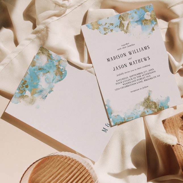 Elegant Ocean Blue Gold foil Monogram Wedding Invitation (Creator Uploaded)