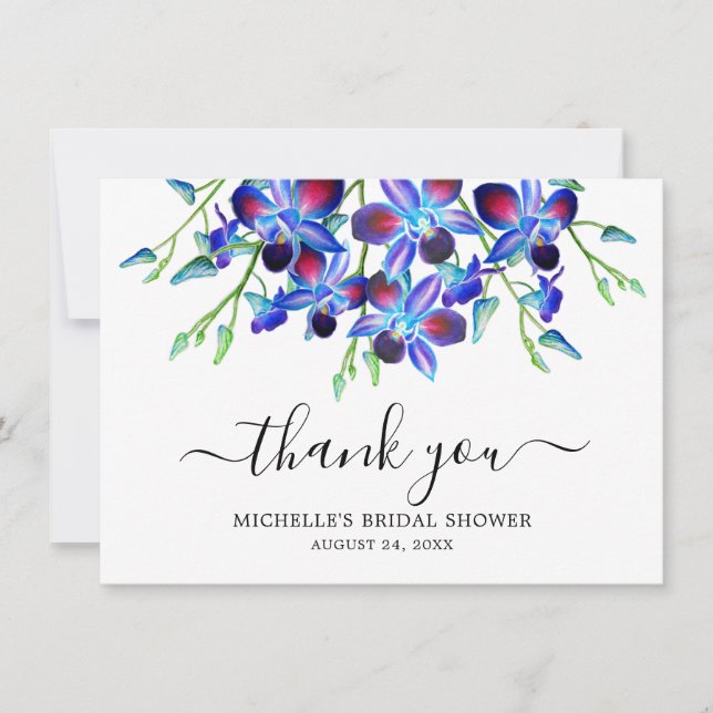 Elegant Ocean Blue Orchid Watercolor Bridal Shower Thank You Card (Front)