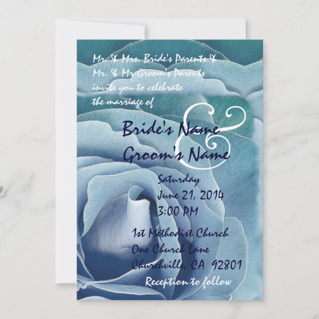 Elegant OCEAN BLUE Rose Wedding Invitation (Front)