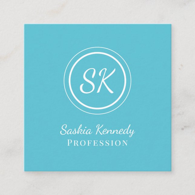 Elegant Ocean Blue Script Professional Monogram Square Business Card (Front)