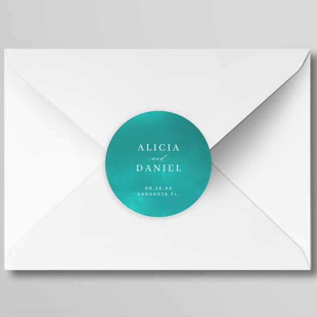 Elegant ocean blue summer destination wedding classic round sticker (Creator Uploaded)