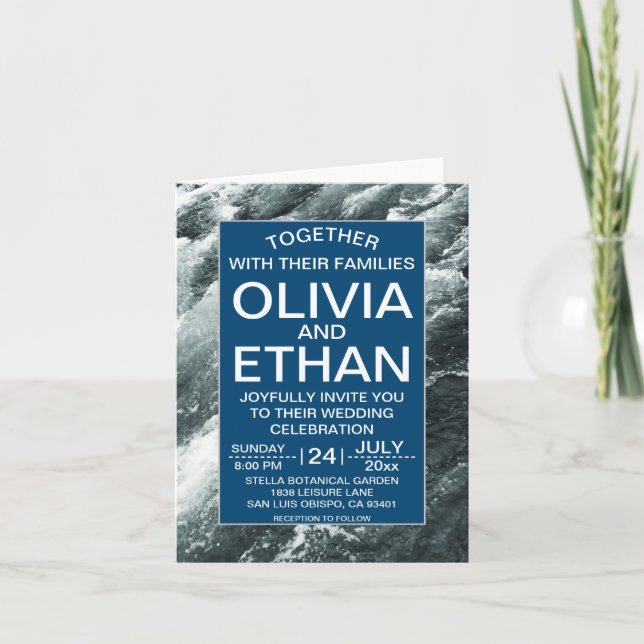 Elegant ocean blue waves Folded Wedding Invitation (Front)