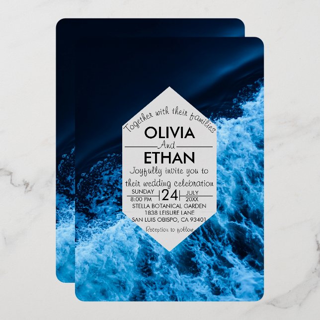 Elegant ocean blue waves Wedding Foil Invitation (Front/Back)