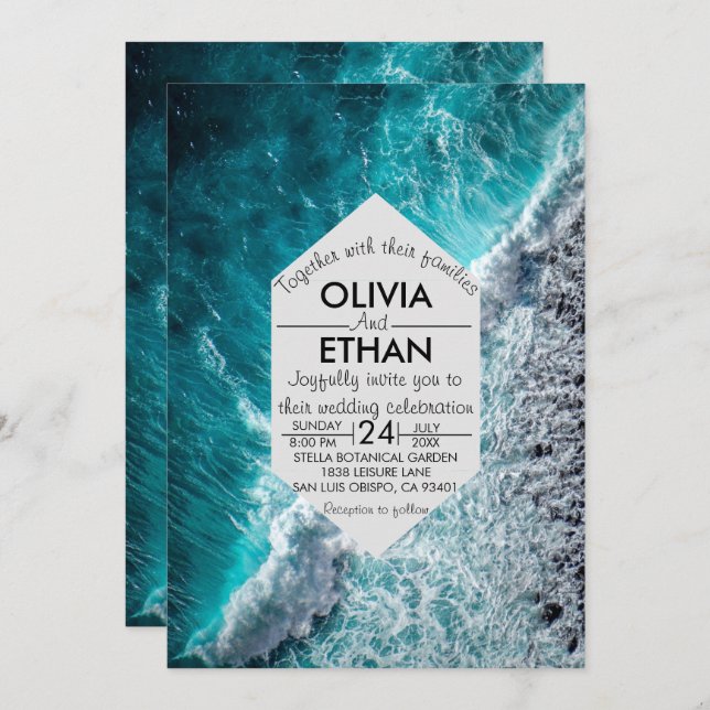Elegant ocean blue waves Wedding Invitation (Front/Back)