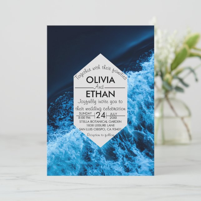 Elegant ocean blue waves Wedding Invitation (Standing Front)