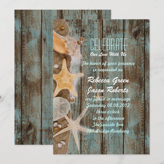 elegant ocean cottage seashells beach wedding invitation (Front/Back)