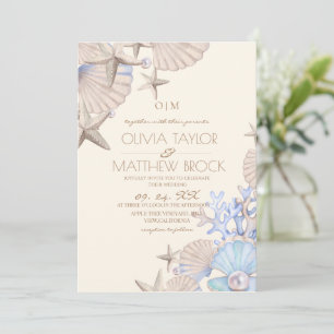  Elegant Ocean dusty blue & beige Beach Wedding Invitation