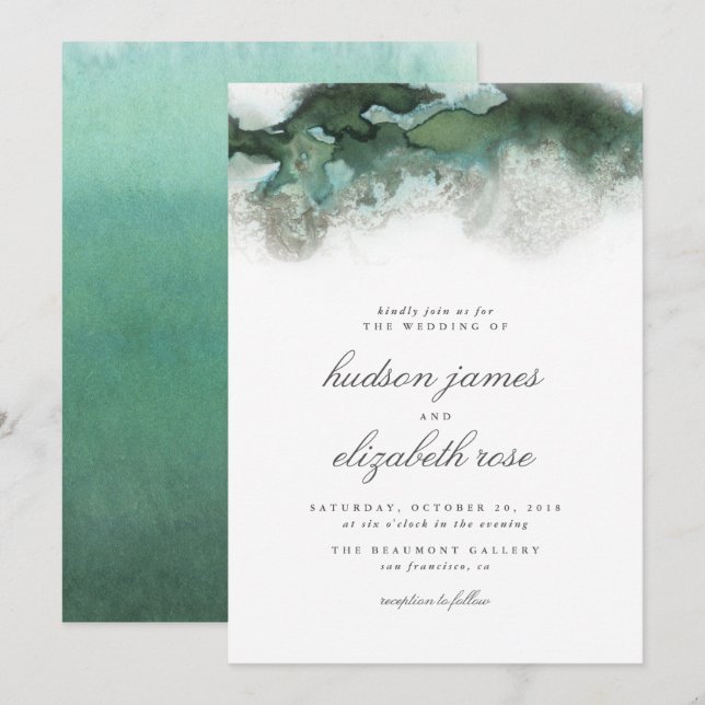 Elegant Ocean Green Ombre Watercolor Wedding Invitation (Front/Back)