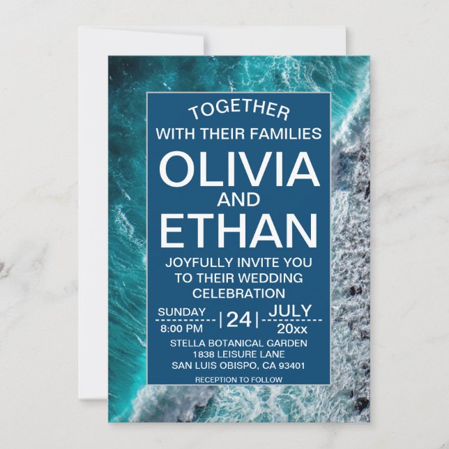 Elegant Ocean Navy Blue Waves Beach Wedding Invitation (Front)