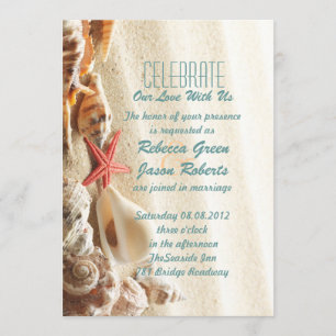 elegant ocean sand seashells beach wedding invitation