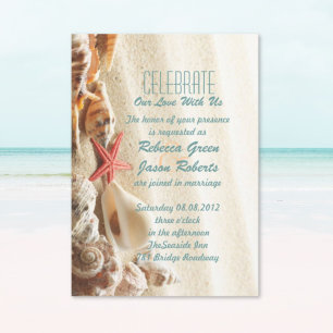 elegant ocean sand seashells beach wedding invitation