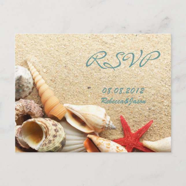 elegant ocean sand seashells beach wedding rsvp invitation postcard (Front)
