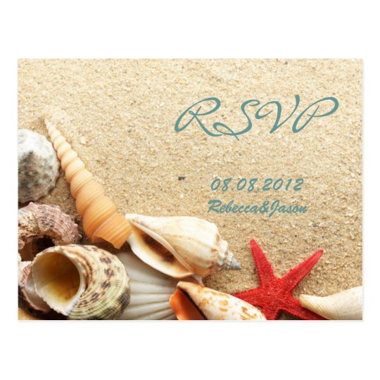 elegant ocean sand seashells beach wedding rsvp postcard