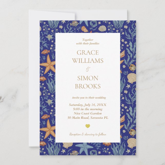 Elegant Ocean Sea Gold Ultramarine Custom Wedding Invitation (Front)