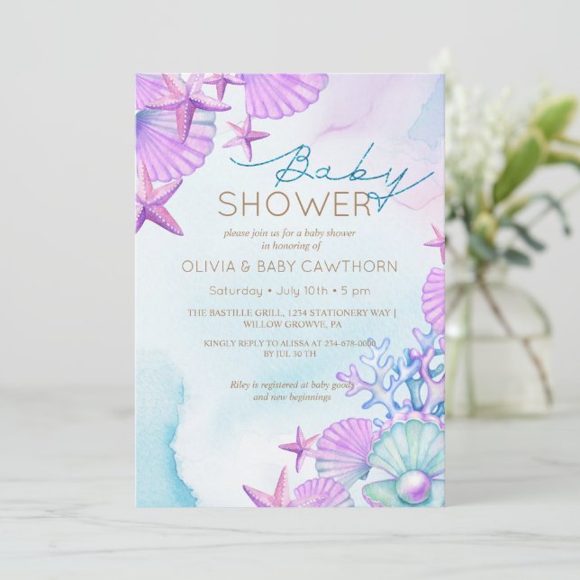 Elegant Ocean shells Beach Baby Shower  Invitation (Standing Front)