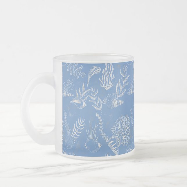 Elegant oceane blue toile frosted glass coffee mug (Left)